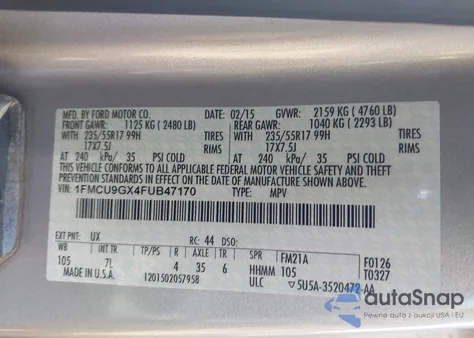 2015 Ford Escape Se from USA, damaged, VIN 1FMCU9GX4FUB47170